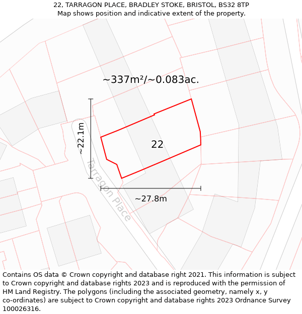 22, TARRAGON PLACE, BRADLEY STOKE, BRISTOL, BS32 8TP: Plot and title map