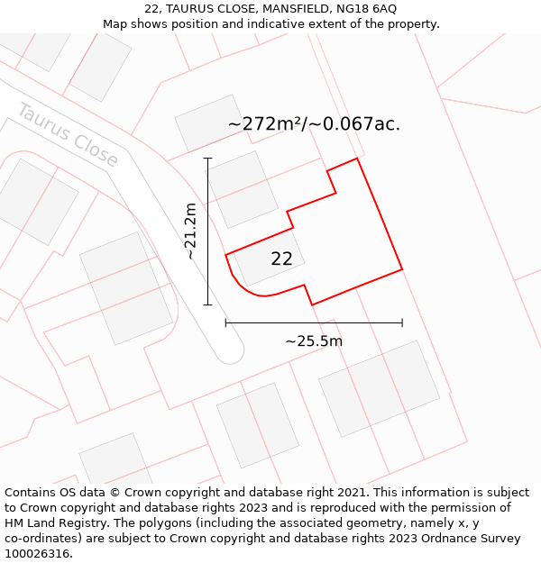 22, TAURUS CLOSE, MANSFIELD, NG18 6AQ: Plot and title map