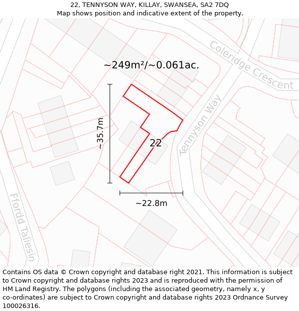 22, TENNYSON WAY, KILLAY, SWANSEA, SA2 7DQ: Plot and title map