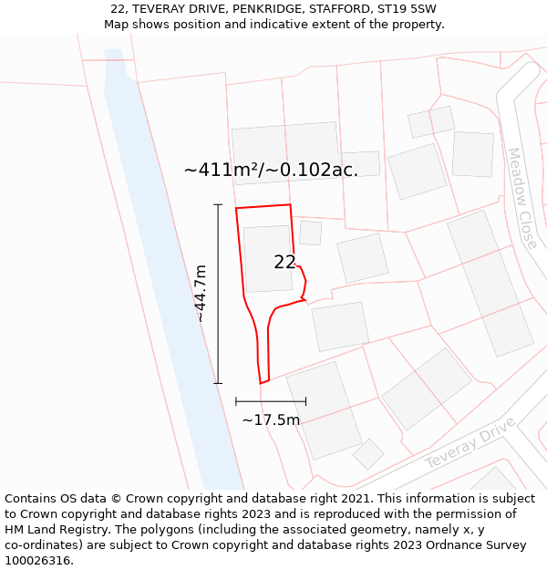 22, TEVERAY DRIVE, PENKRIDGE, STAFFORD, ST19 5SW: Plot and title map