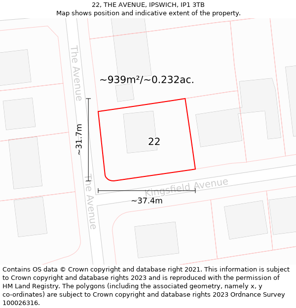 22, THE AVENUE, IPSWICH, IP1 3TB: Plot and title map
