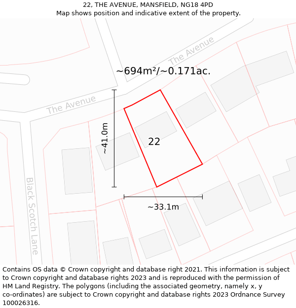22, THE AVENUE, MANSFIELD, NG18 4PD: Plot and title map