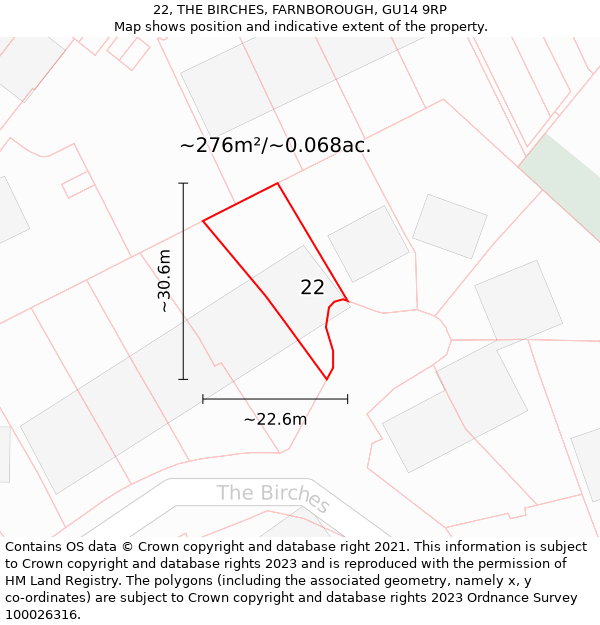 22, THE BIRCHES, FARNBOROUGH, GU14 9RP: Plot and title map