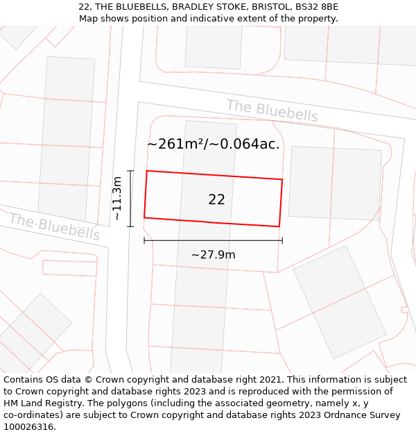 22, THE BLUEBELLS, BRADLEY STOKE, BRISTOL, BS32 8BE: Plot and title map
