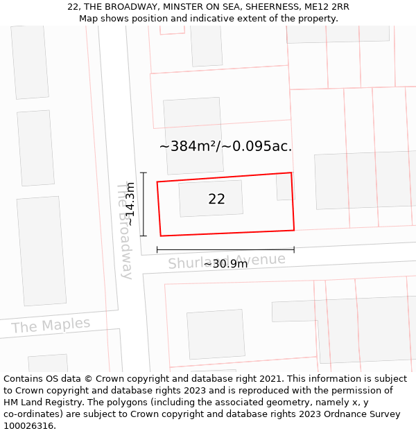 22, THE BROADWAY, MINSTER ON SEA, SHEERNESS, ME12 2RR: Plot and title map