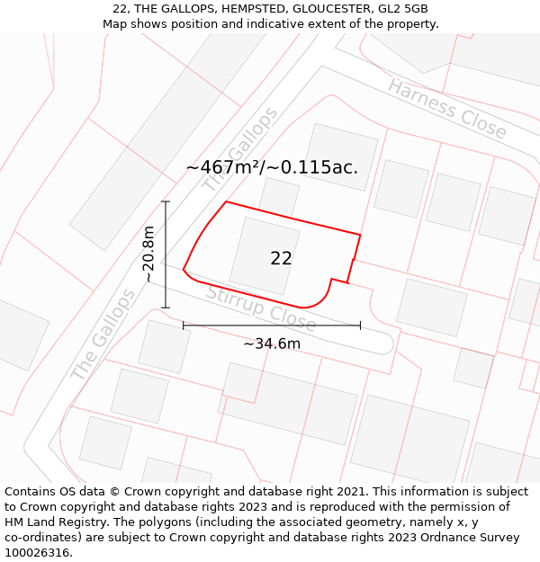 22, THE GALLOPS, HEMPSTED, GLOUCESTER, GL2 5GB: Plot and title map