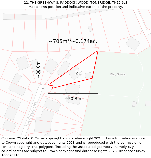 22, THE GREENWAYS, PADDOCK WOOD, TONBRIDGE, TN12 6LS: Plot and title map