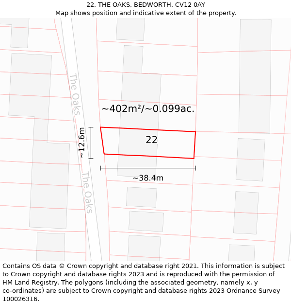 22, THE OAKS, BEDWORTH, CV12 0AY: Plot and title map