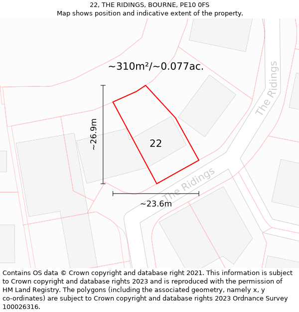 22, THE RIDINGS, BOURNE, PE10 0FS: Plot and title map