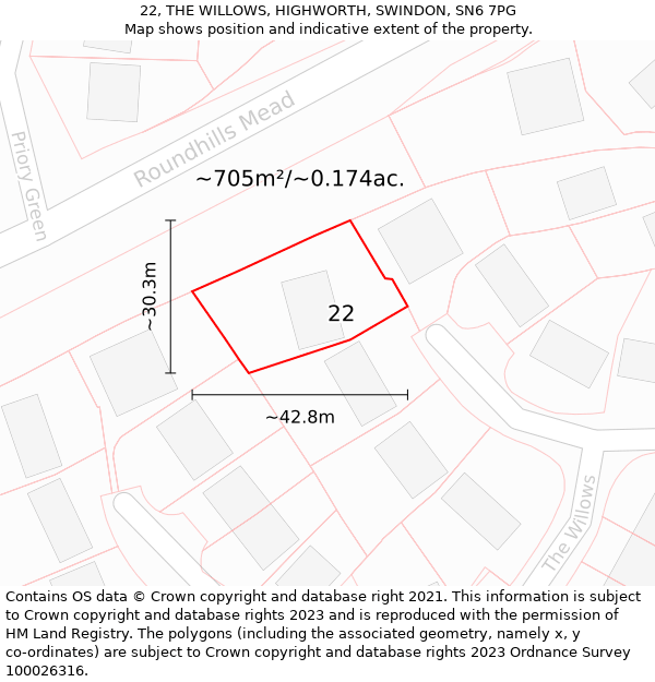 22, THE WILLOWS, HIGHWORTH, SWINDON, SN6 7PG: Plot and title map