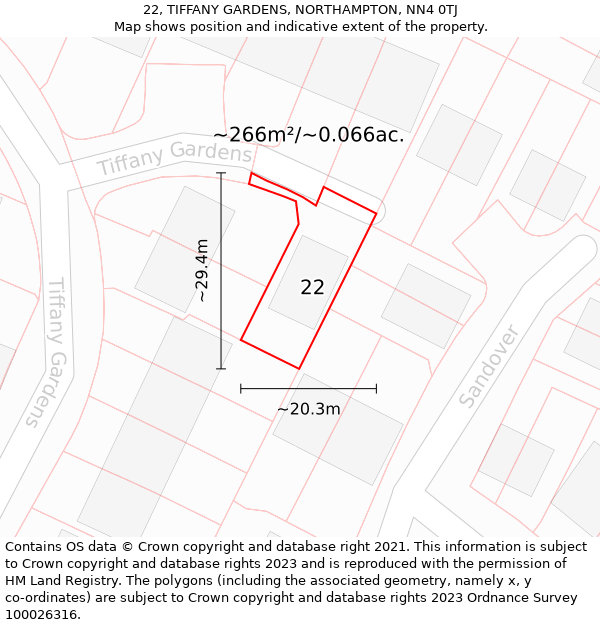 22, TIFFANY GARDENS, NORTHAMPTON, NN4 0TJ: Plot and title map