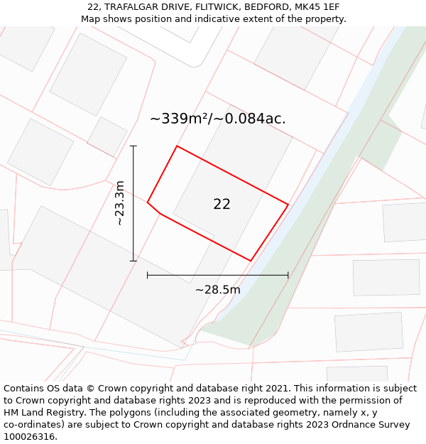 22, TRAFALGAR DRIVE, FLITWICK, BEDFORD, MK45 1EF: Plot and title map