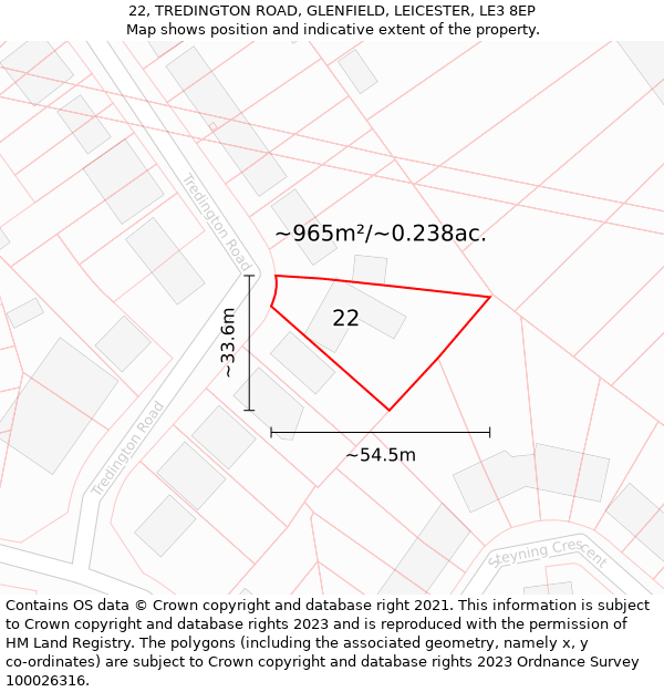 22, TREDINGTON ROAD, GLENFIELD, LEICESTER, LE3 8EP: Plot and title map