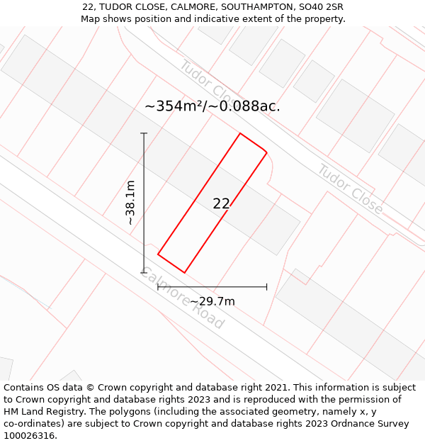 22, TUDOR CLOSE, CALMORE, SOUTHAMPTON, SO40 2SR: Plot and title map