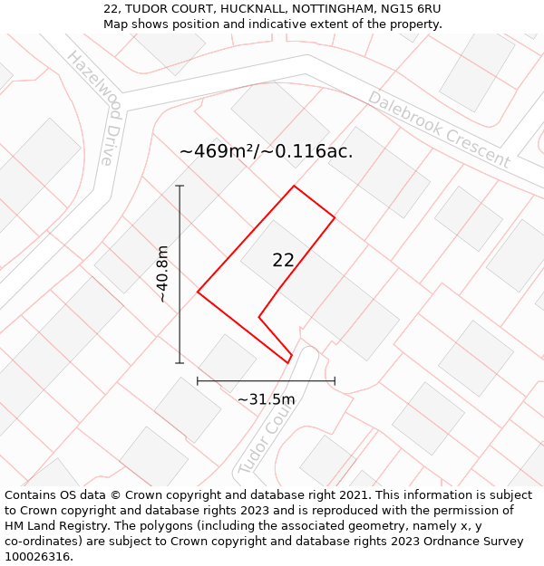 22, TUDOR COURT, HUCKNALL, NOTTINGHAM, NG15 6RU: Plot and title map