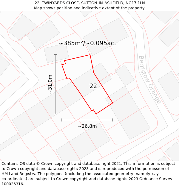 22, TWINYARDS CLOSE, SUTTON-IN-ASHFIELD, NG17 1LN: Plot and title map