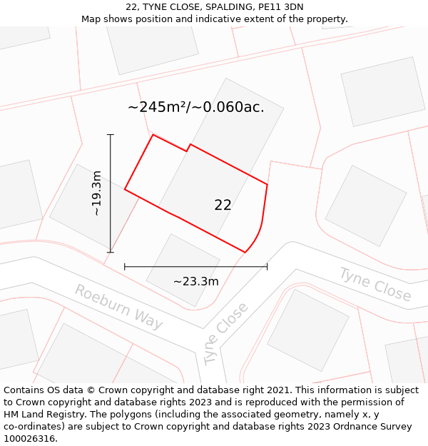 22, TYNE CLOSE, SPALDING, PE11 3DN: Plot and title map