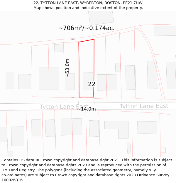 22, TYTTON LANE EAST, WYBERTON, BOSTON, PE21 7HW: Plot and title map