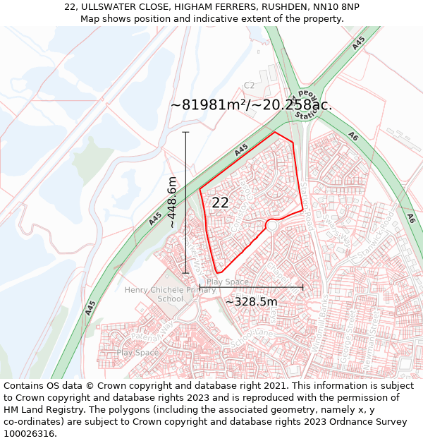 22, ULLSWATER CLOSE, HIGHAM FERRERS, RUSHDEN, NN10 8NP: Plot and title map