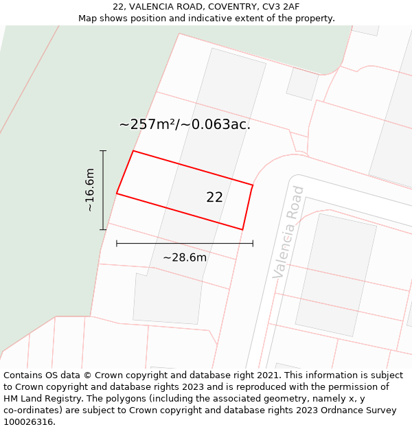 22, VALENCIA ROAD, COVENTRY, CV3 2AF: Plot and title map