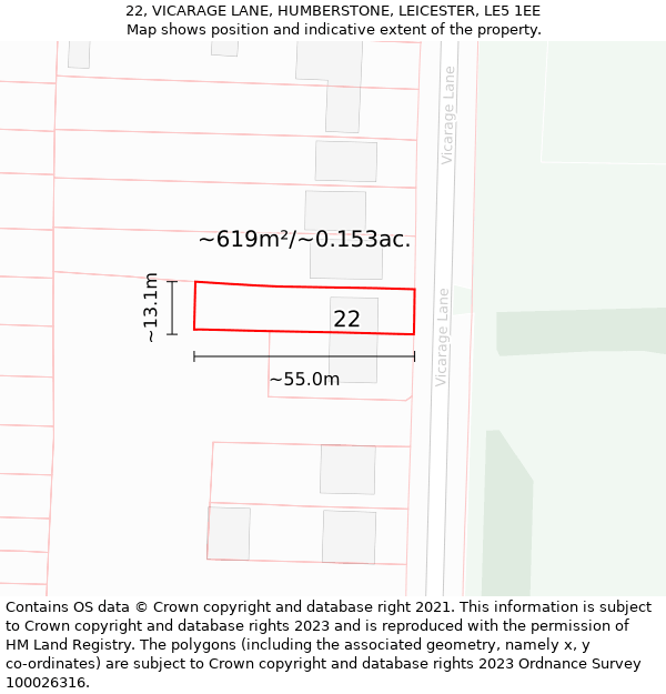 22, VICARAGE LANE, HUMBERSTONE, LEICESTER, LE5 1EE: Plot and title map