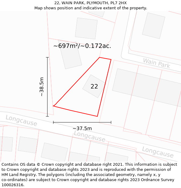 22, WAIN PARK, PLYMOUTH, PL7 2HX: Plot and title map