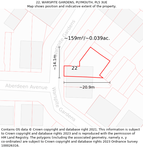 22, WARSPITE GARDENS, PLYMOUTH, PL5 3UE: Plot and title map