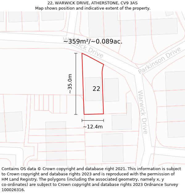 22, WARWICK DRIVE, ATHERSTONE, CV9 3AS: Plot and title map