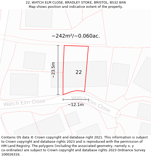 22, WATCH ELM CLOSE, BRADLEY STOKE, BRISTOL, BS32 8AN: Plot and title map