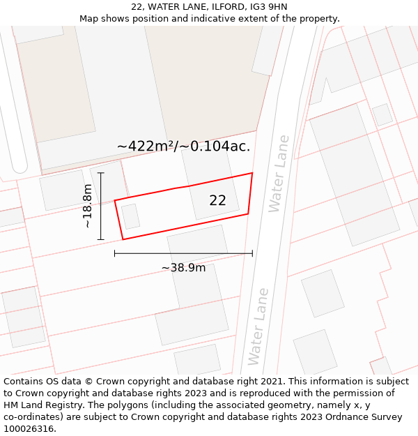 22, WATER LANE, ILFORD, IG3 9HN: Plot and title map