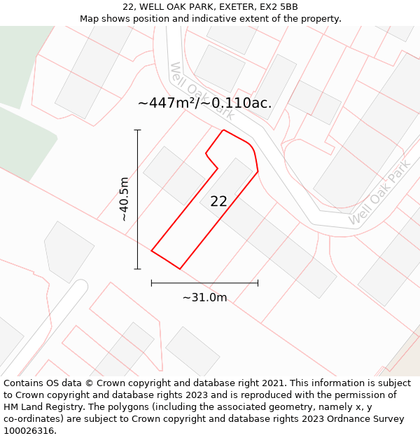 22, WELL OAK PARK, EXETER, EX2 5BB: Plot and title map
