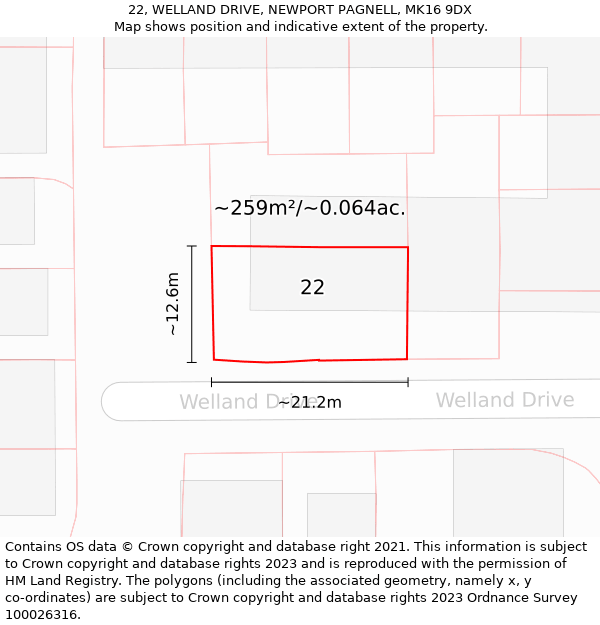 22, WELLAND DRIVE, NEWPORT PAGNELL, MK16 9DX: Plot and title map