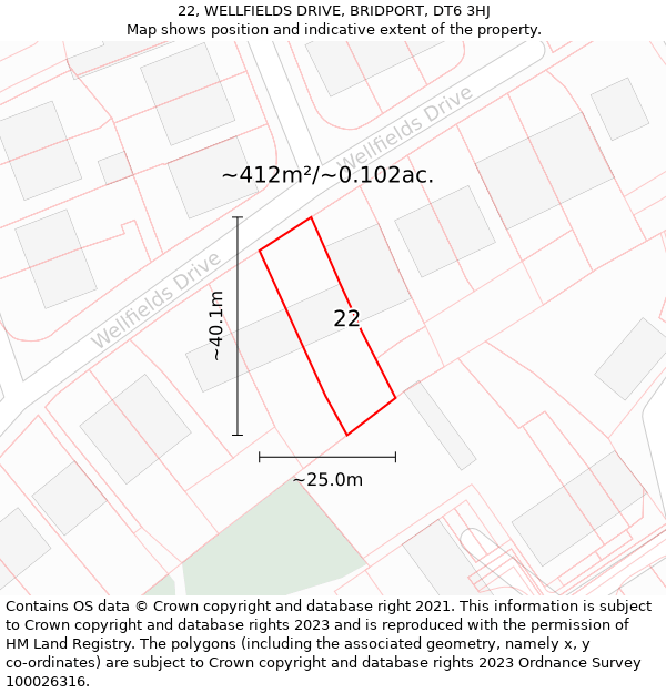 22, WELLFIELDS DRIVE, BRIDPORT, DT6 3HJ: Plot and title map