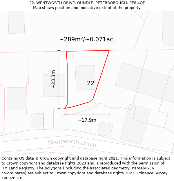 22, WENTWORTH DRIVE, OUNDLE, PETERBOROUGH, PE8 4QF: Plot and title map