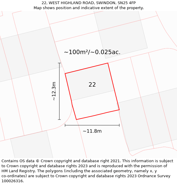 22, WEST HIGHLAND ROAD, SWINDON, SN25 4FP: Plot and title map