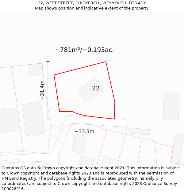 22, WEST STREET, CHICKERELL, WEYMOUTH, DT3 4DY: Plot and title map