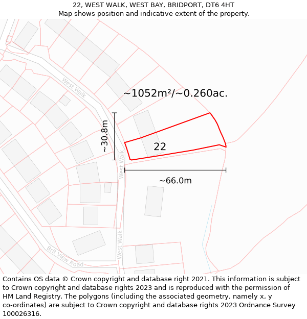 22, WEST WALK, WEST BAY, BRIDPORT, DT6 4HT: Plot and title map