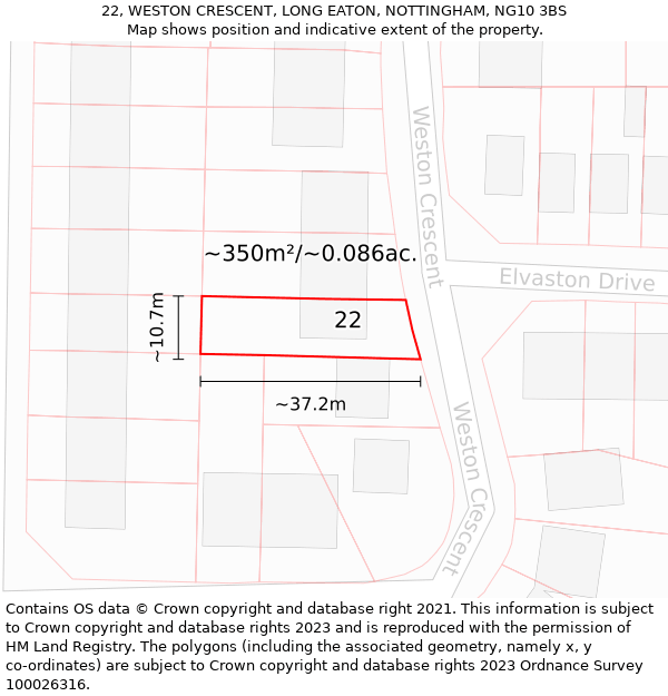 22, WESTON CRESCENT, LONG EATON, NOTTINGHAM, NG10 3BS: Plot and title map