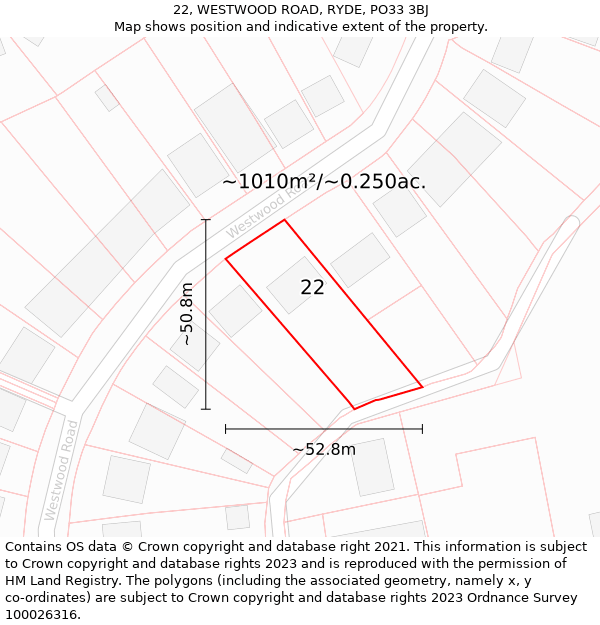22, WESTWOOD ROAD, RYDE, PO33 3BJ: Plot and title map