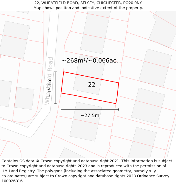 22, WHEATFIELD ROAD, SELSEY, CHICHESTER, PO20 0NY: Plot and title map