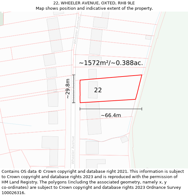 22, WHEELER AVENUE, OXTED, RH8 9LE: Plot and title map