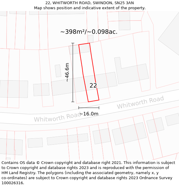 22, WHITWORTH ROAD, SWINDON, SN25 3AN: Plot and title map