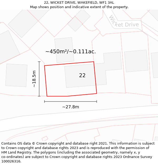 22, WICKET DRIVE, WAKEFIELD, WF1 3AL: Plot and title map