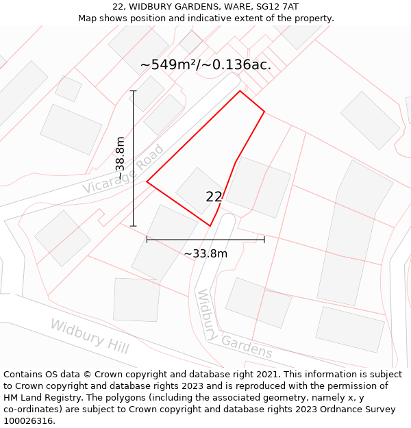 22, WIDBURY GARDENS, WARE, SG12 7AT: Plot and title map