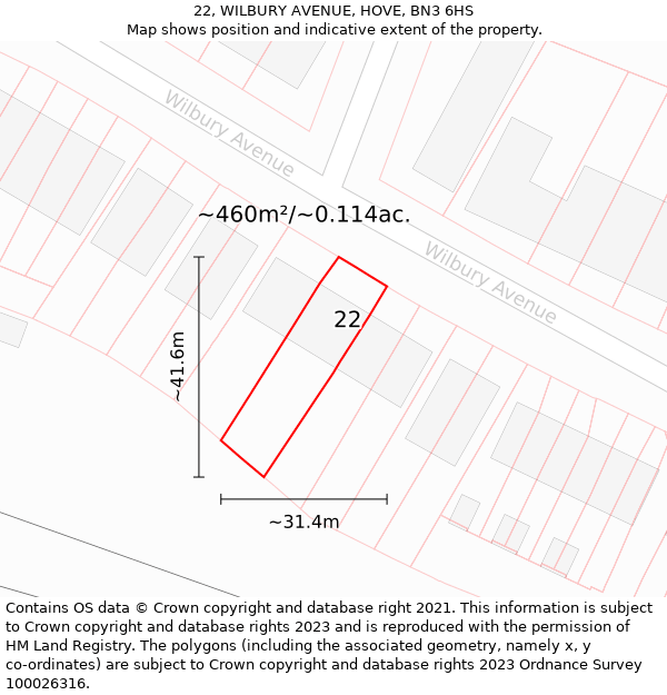22, WILBURY AVENUE, HOVE, BN3 6HS: Plot and title map