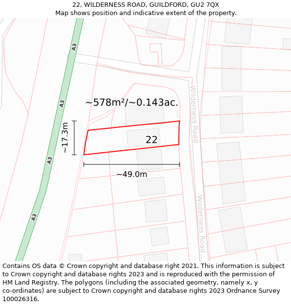 22, WILDERNESS ROAD, GUILDFORD, GU2 7QX: Plot and title map