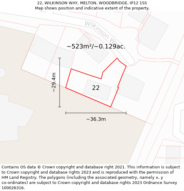 22, WILKINSON WAY, MELTON, WOODBRIDGE, IP12 1SS: Plot and title map