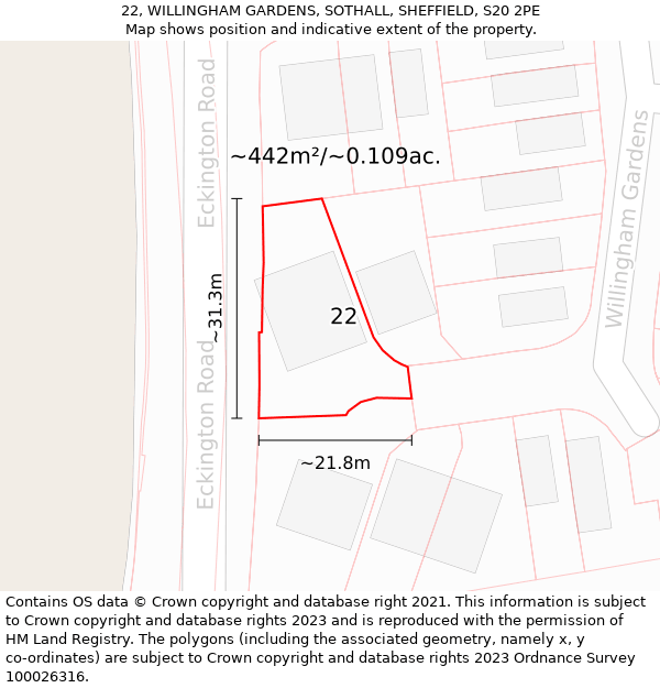 22, WILLINGHAM GARDENS, SOTHALL, SHEFFIELD, S20 2PE: Plot and title map