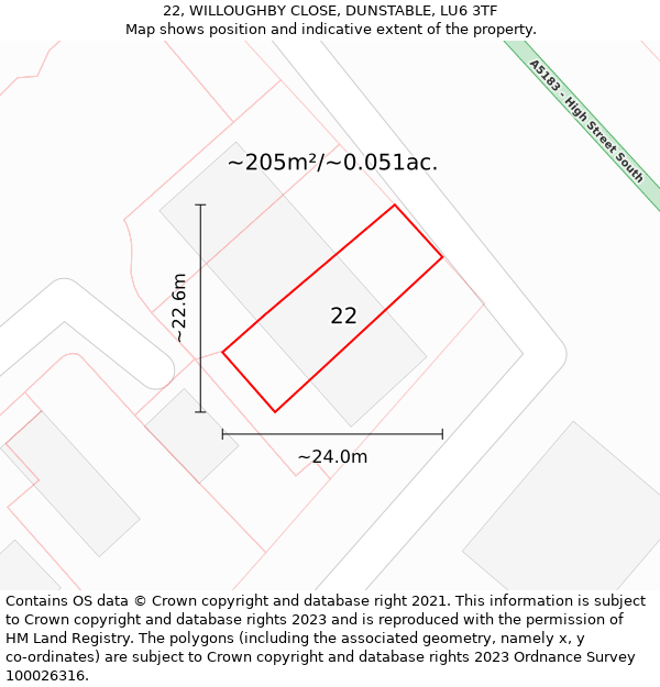 22, WILLOUGHBY CLOSE, DUNSTABLE, LU6 3TF: Plot and title map