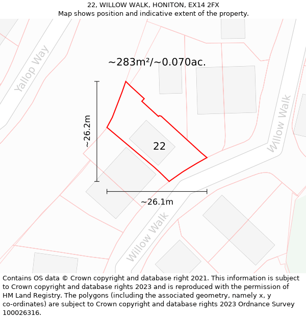 22, WILLOW WALK, HONITON, EX14 2FX: Plot and title map